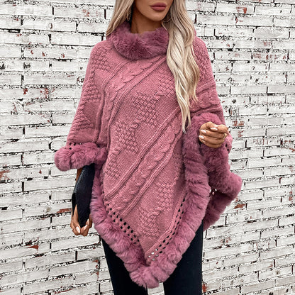 Damen kuscheliger Strickponcho mit samtigem Fellbesatz Merchesia