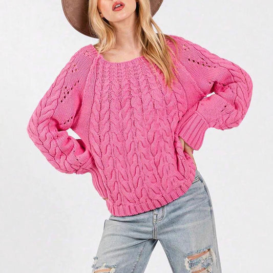 Damen Grobstrickpullover mit voluminösen Ärmeln und feinem Lochmuster Merchesia