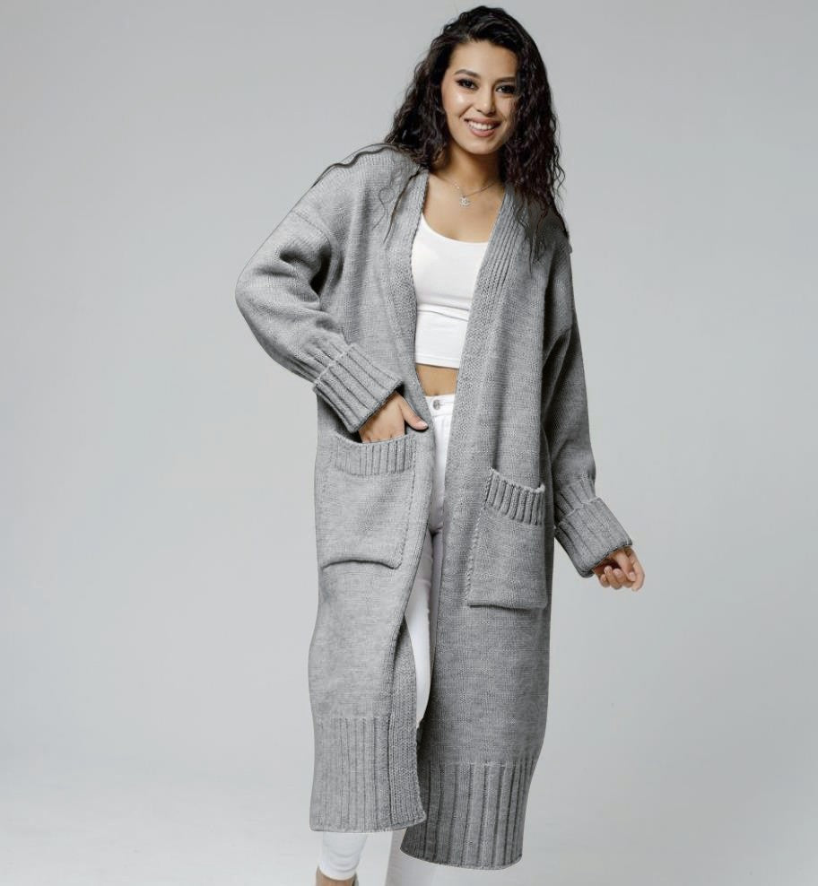 Damen Langer Strickmantel mit praktischen Taschen und strukturiertem Design Merchesia