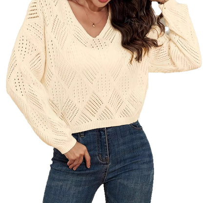 Damen V-Ausschnitt Grobstrickpullover mit filigranem Lochmuster Merchesia