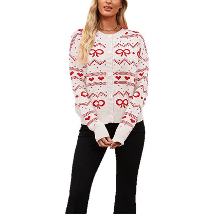 Damen Strickjacke mit verspieltem Herz- und Schleifenmuster Merchesia