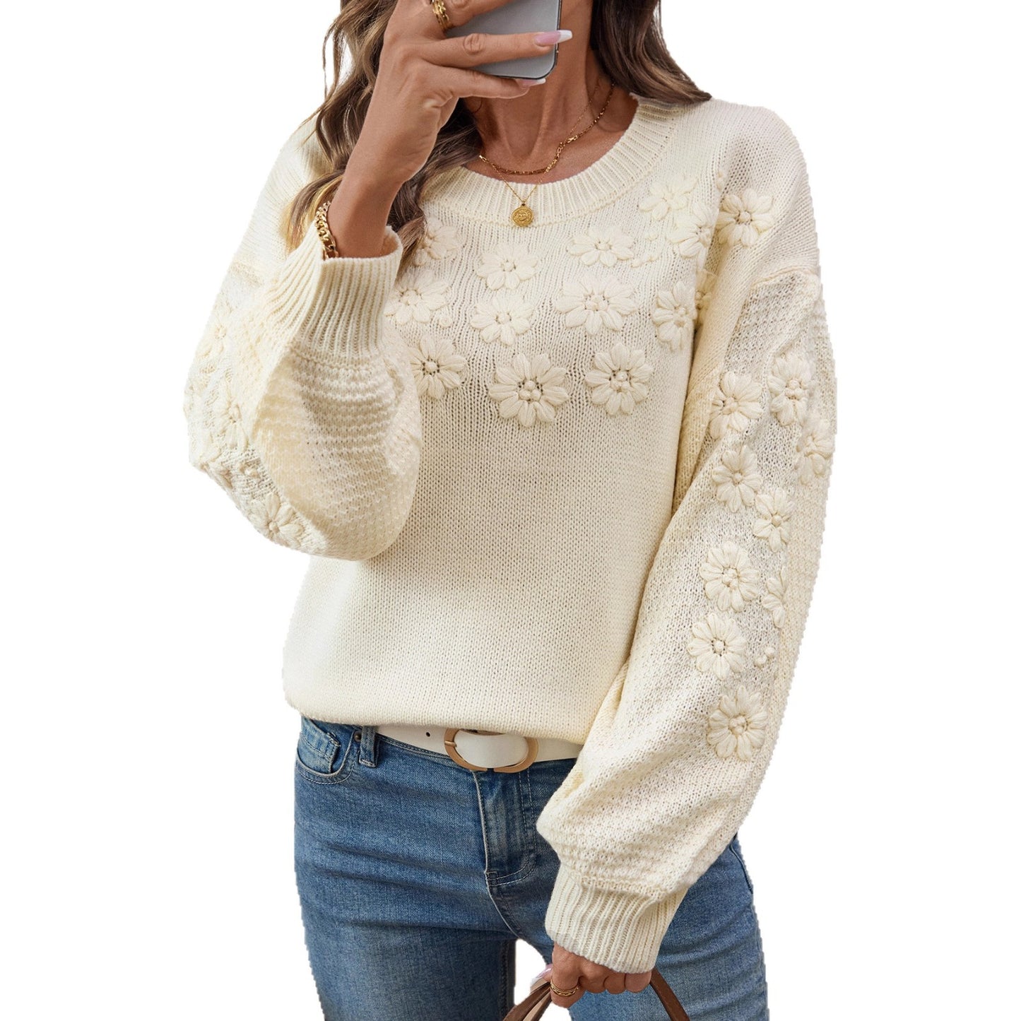 Damen modischer Pullover mit floralen Stickereien und strukturiertem Ärmel Merchesia