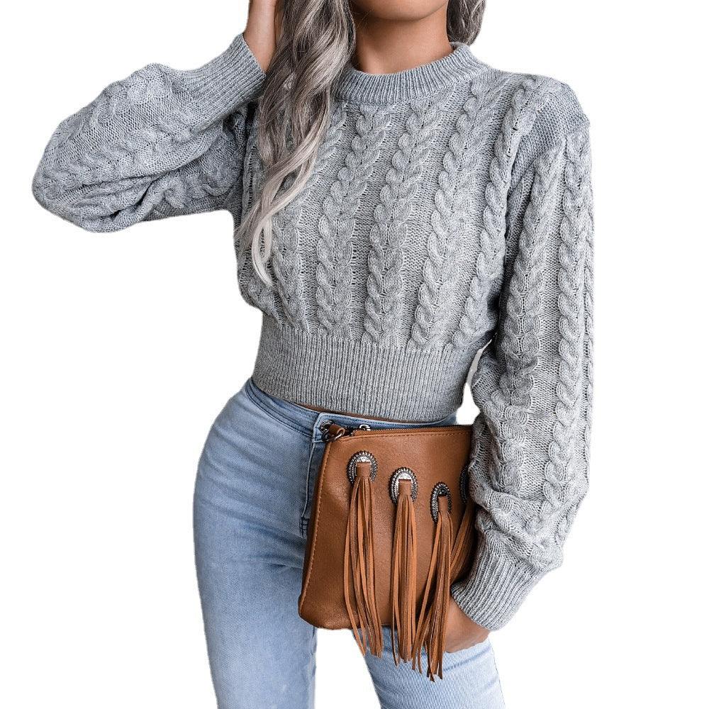 Damen Eleganter Cropped Strickpullover mit Zopfmuster und hochgeschlossenem Design Merchesia