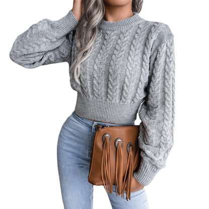 Damen Eleganter Cropped Strickpullover mit Zopfmuster und hochgeschlossenem Design Merchesia