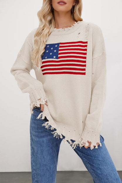 Damen lässiger Pullover mit Flaggenmuster und fransigem Saum Merchesia