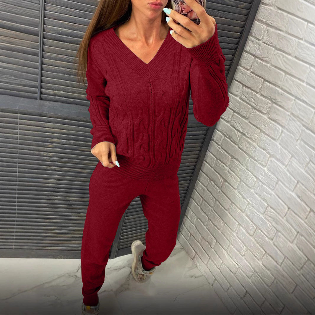 Damen gemütlicher Strickanzug mit V-Ausschnitt und Zopfdesign Merchesia