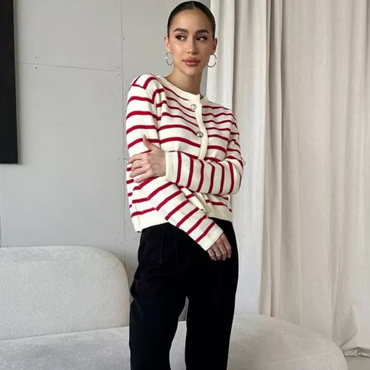 Damen modischer gestreifter Cardigan mit Knopfdetails und weichem Material Merchesia