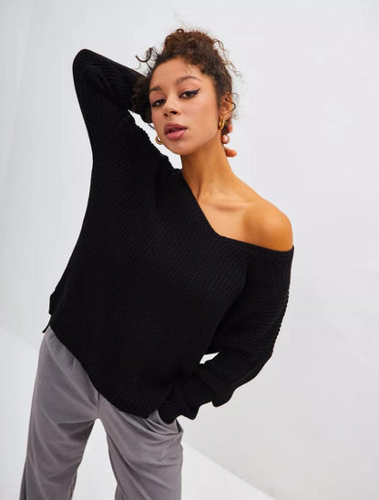 Damen lässiger Strickpullover mit tiefem V-Ausschnitt und seitlichen Schlitzen Merchesia