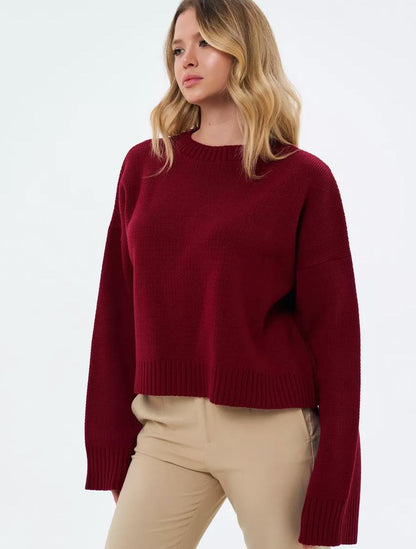 Damen gemütlicher Cropped-Pullover mit lässigen Ballonärmel und Rippstruktur Merchesia