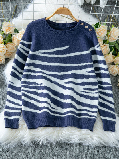 Damen gemütlicher Strickpullover mit modernem Zebrastreifen-Muster und komfortablem Schnitt Merchesia