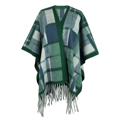 Damen eleganter Poncho mit modernem Karomuster und Fransen Merchesia
