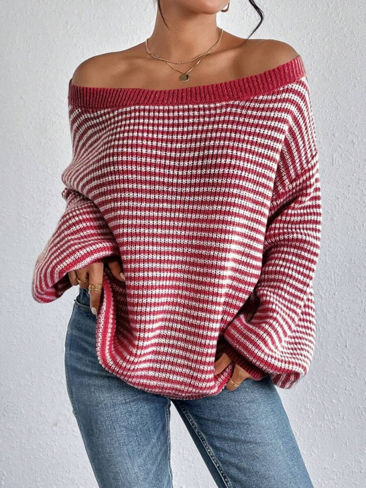 Damen lässiger Strickpullover mit weitem Schnitt und modernen Streifen Merchesia