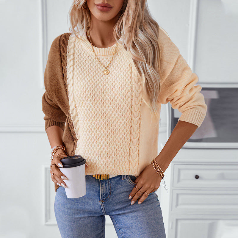 Damen modischer Pullover mit strukturiertem Zopfmuster und innovativem Farbblockdesign Merchesia