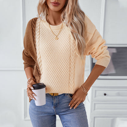 Damen modischer Pullover mit strukturiertem Zopfmuster und innovativem Farbblockdesign Merchesia