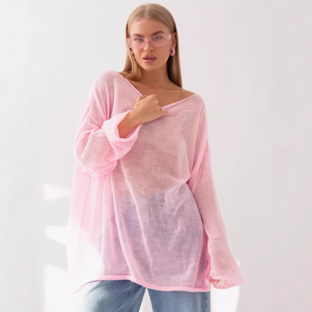 Damen luftige Strickbluse mit offenen Schultern und weiten Ärmeln Merchesia