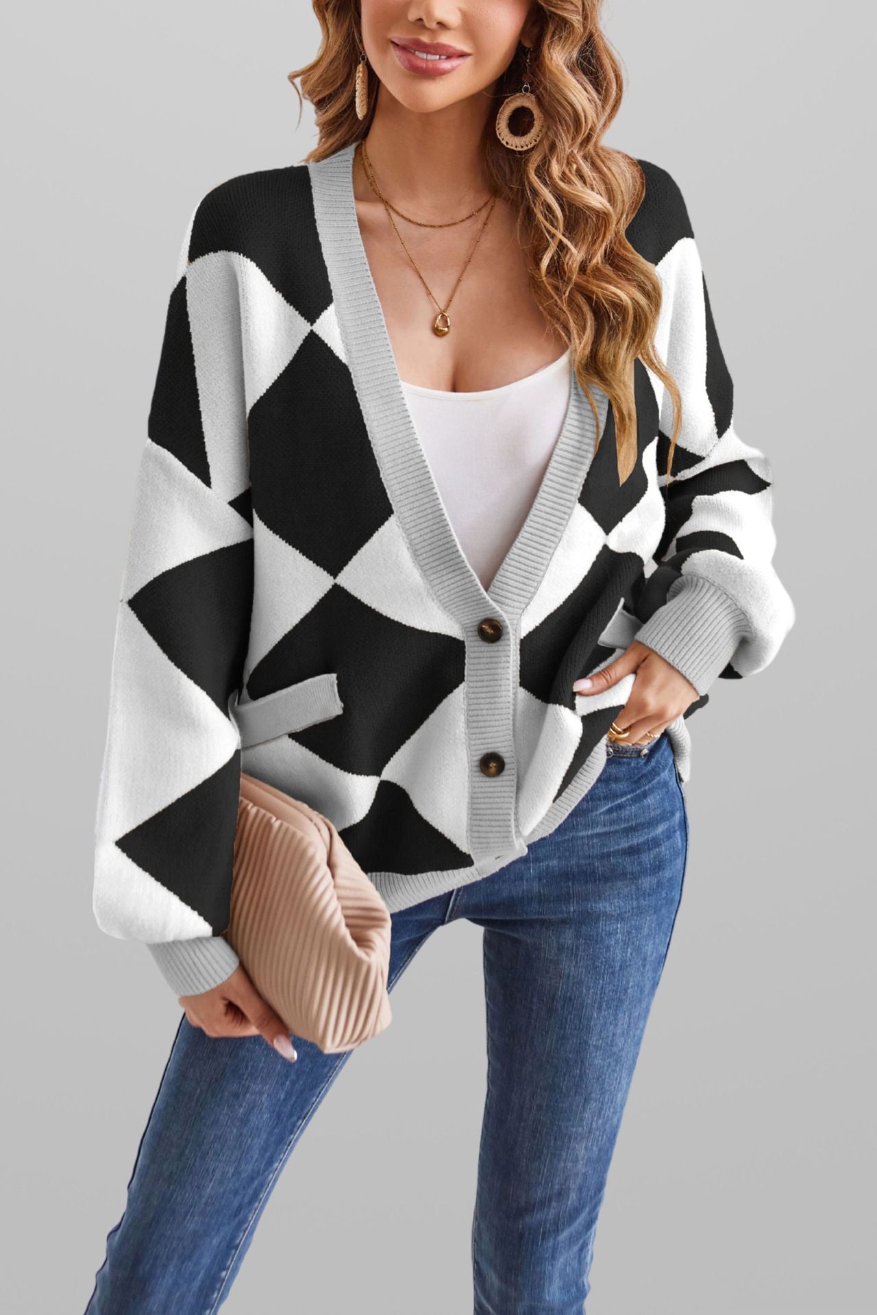 Damen kreativer Strickcardigan mit geometrischem Muster Merchesia