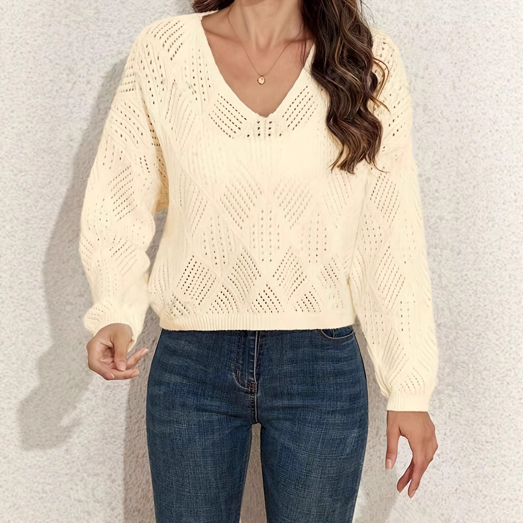 Damen V-Ausschnitt Grobstrickpullover mit filigranem Lochmuster Merchesia