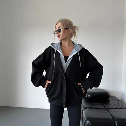 Damen gemütlicher Oversized-Jacke mit Kapuze und Druckknopfverschluss Merchesia