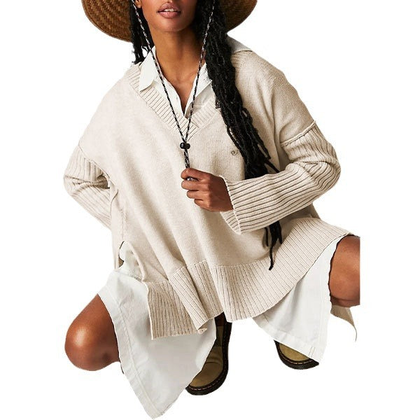 Damen lässiger V-Ausschnitt Pullover mit strukturierten Ärmeln und Oversized-Schnitt Merchesia