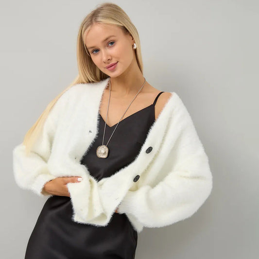 Damen Flauschiger Cardigan mit tiefem V-Ausschnitt und Knopfdetails Merchesia