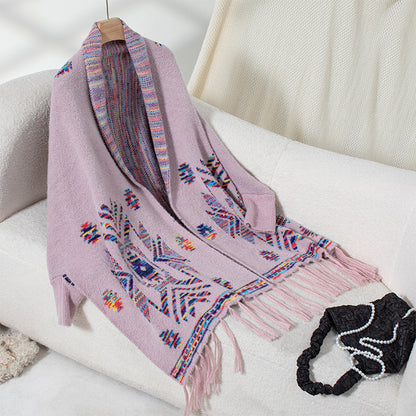 Damen Strickponcho mit buntem Navajo-Muster und fransigem Saum Merchesia