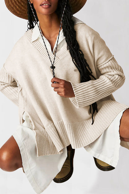 Damen lässiger V-Ausschnitt Pullover mit strukturierten Ärmeln und Oversized-Schnitt Merchesia