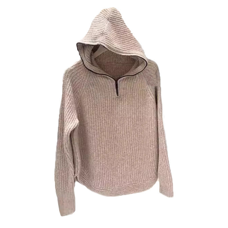 Damen lässiger Strickpullover mit hochgezogenem Kragen und Reißverschluss Merchesia