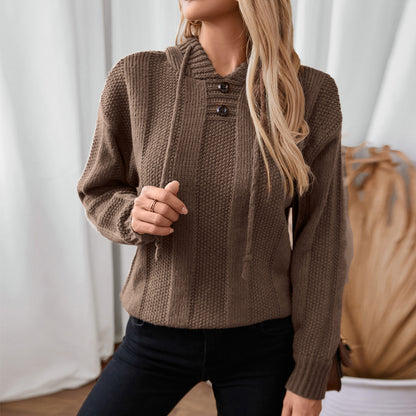 Damen lässiger Strickpullover mit Kapuze und Knopfdetails Merchesia