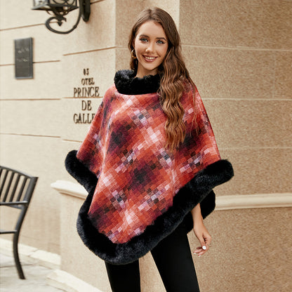 Damen modischer Poncho mit luxuriösem Kunstpelzkragen Merchesia