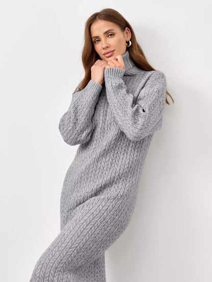 Damen Strickkleid mit hohem Kragen und Zopfmuster Merchesia