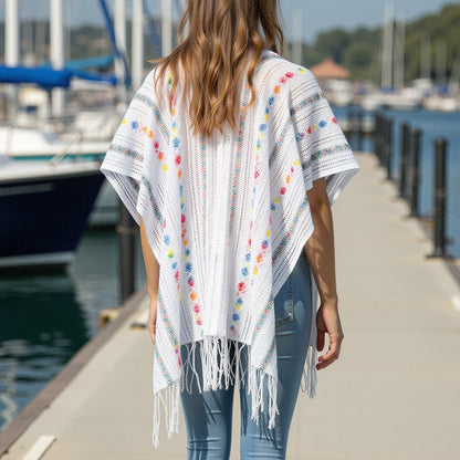 Damen lässiger Poncho mit fransigen Details und bunter Musterung Merchesia
