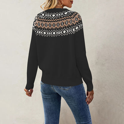 Damen Nordic-Muster Pullover mit Rundhalsausschnitt und lässigem Schnitt Merchesia