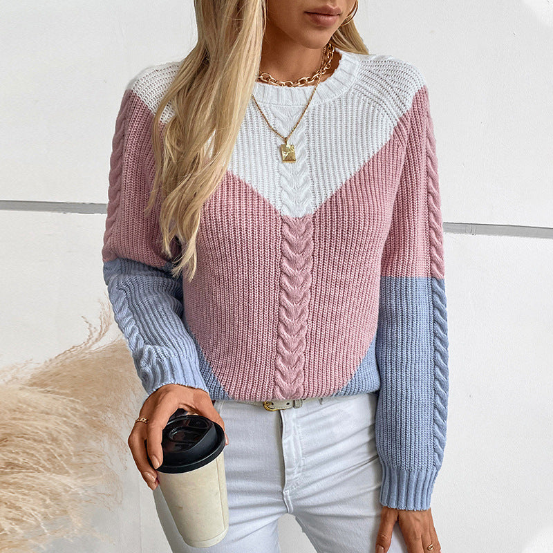 Damen modischer Strickpullover mit geometrischem Muster und Zopfrippen Merchesia