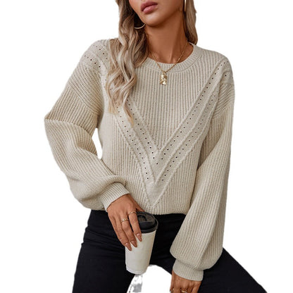 Damen Strickpullover mit V-Ausschnitt und dekorativem Strukturmuster Merchesia