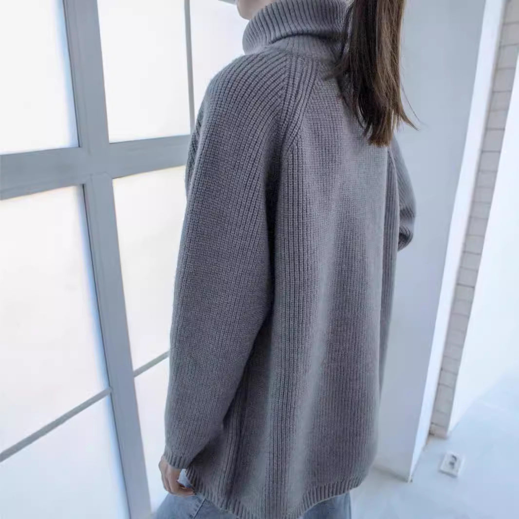Damen lässiger Strickpullover mit asymmetrischem Reißverschluss und großem Kragen Merchesia