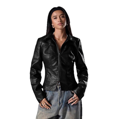 Damen Hochwertige Kunstlederjacke im figurbetonten Schnitt Merchesia