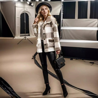 Damen Kuschelige Karojacke mit Druckknopfverschluss und Seitentaschen Merchesia