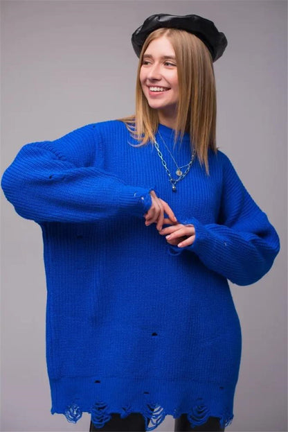 Damen Oversized Strickpullover mit einzigartigem Lochmuster und Rippenstruktur Merchesia