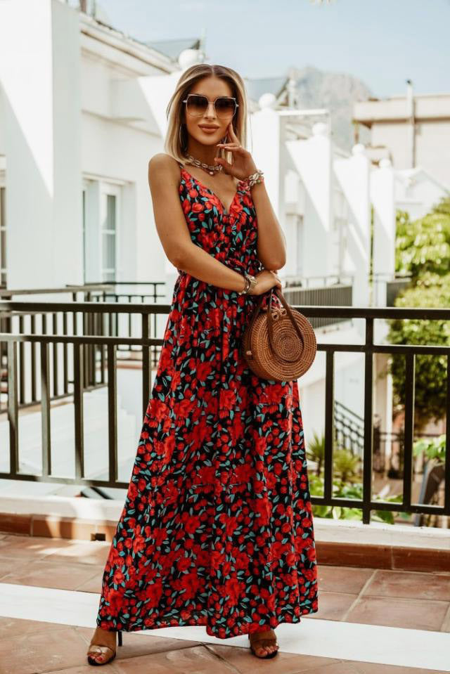 Frühling und Sommer neue V-Ausschnitt ärmellose Träger gedruckt böhmischen Kleid