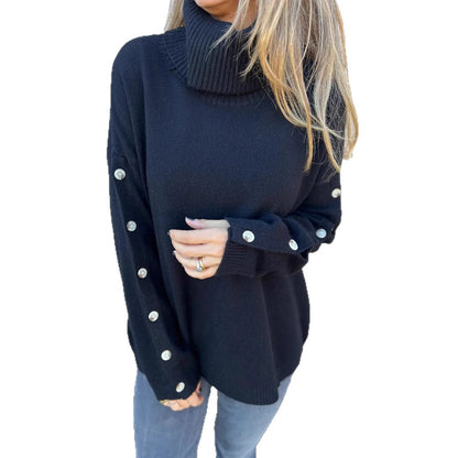 Damen kuscheliger Rollkragenpullover mit dekorativen Knöpfen Merchesia