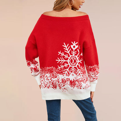 Damen festlicher Weihnachts-Pullover mit elegantem Schneeflocken-Motiv und Off-Shoulder Design Merchesia