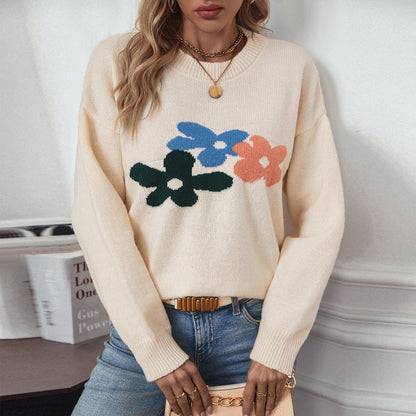 Damen lässiger Pullover mit floralen Motiven und Rundkragen Merchesia