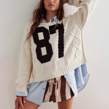 Damen Freizeit Strickpullover mit sportlicher Nummernstickerei Merchesia