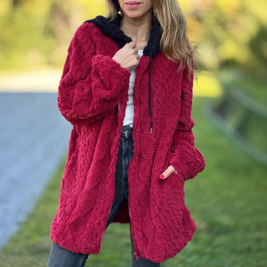 Damen Übergroße Fleecejacke mit Kapuze und Reißverschluss Merchesia