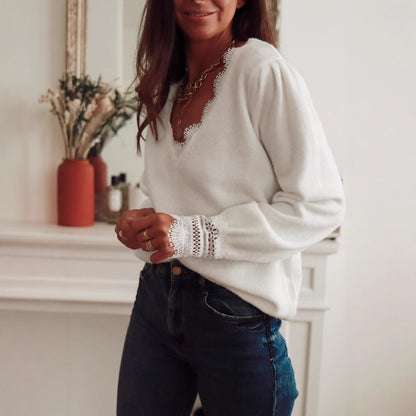 Damen Strickpullover mit Spitzenkragen und Puffärmeln Merchesia