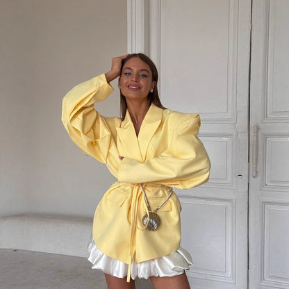 Damen Oversized Blazer mit Bindegürtel und praktischen Taschen Merchesia