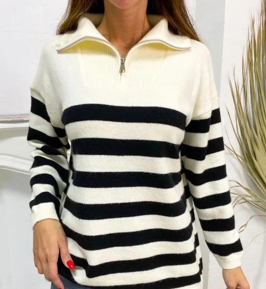 Damen gemusterter Pullover mit Stehkragen und Reißverschluss Merchesia