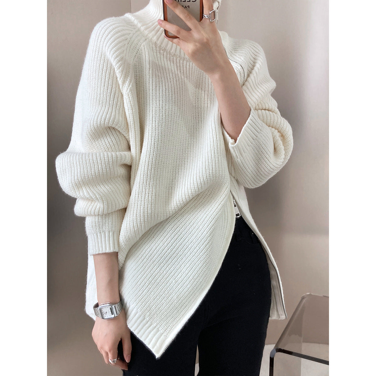 Damen lässiger Strickpullover mit seitlichem Reißverschluss und hohem Kragen Merchesia