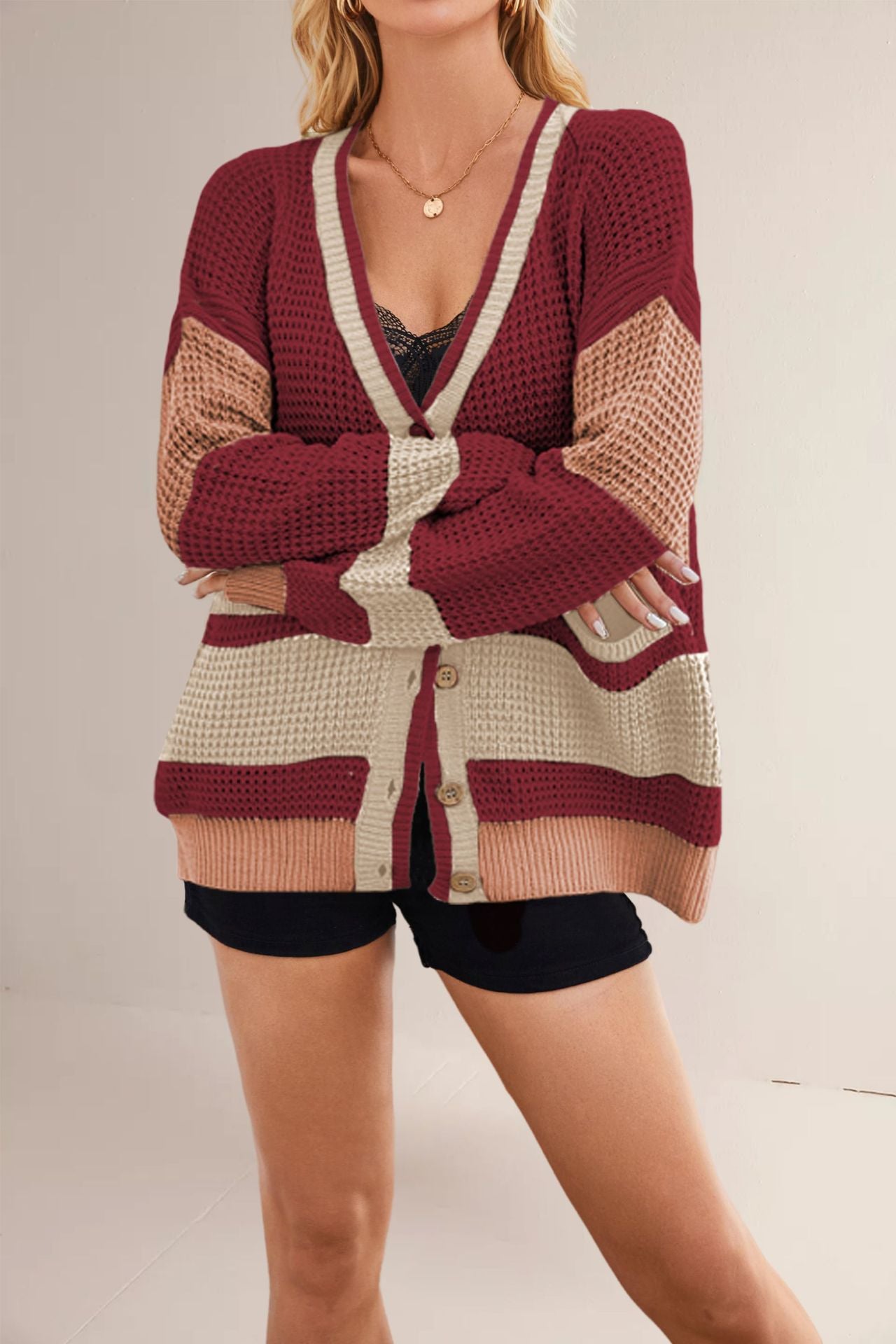 Damen lässige Strickjacke mit tiefem V-Ausschnitt und Taschen Merchesia