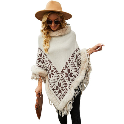 Damen eleganter Poncho mit dekorativem Fransen-Design und Kunstfellbesatz Merchesia